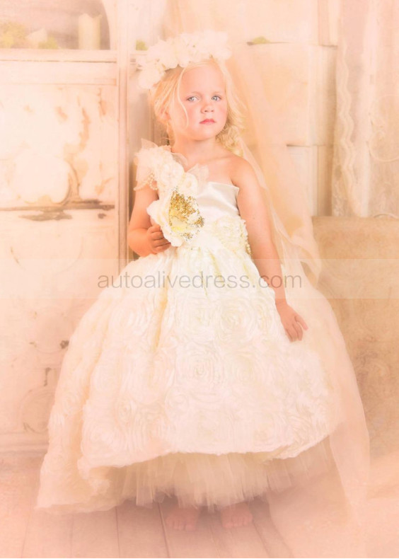 One Shoulder Ivory Rosette Flower Girl Dress